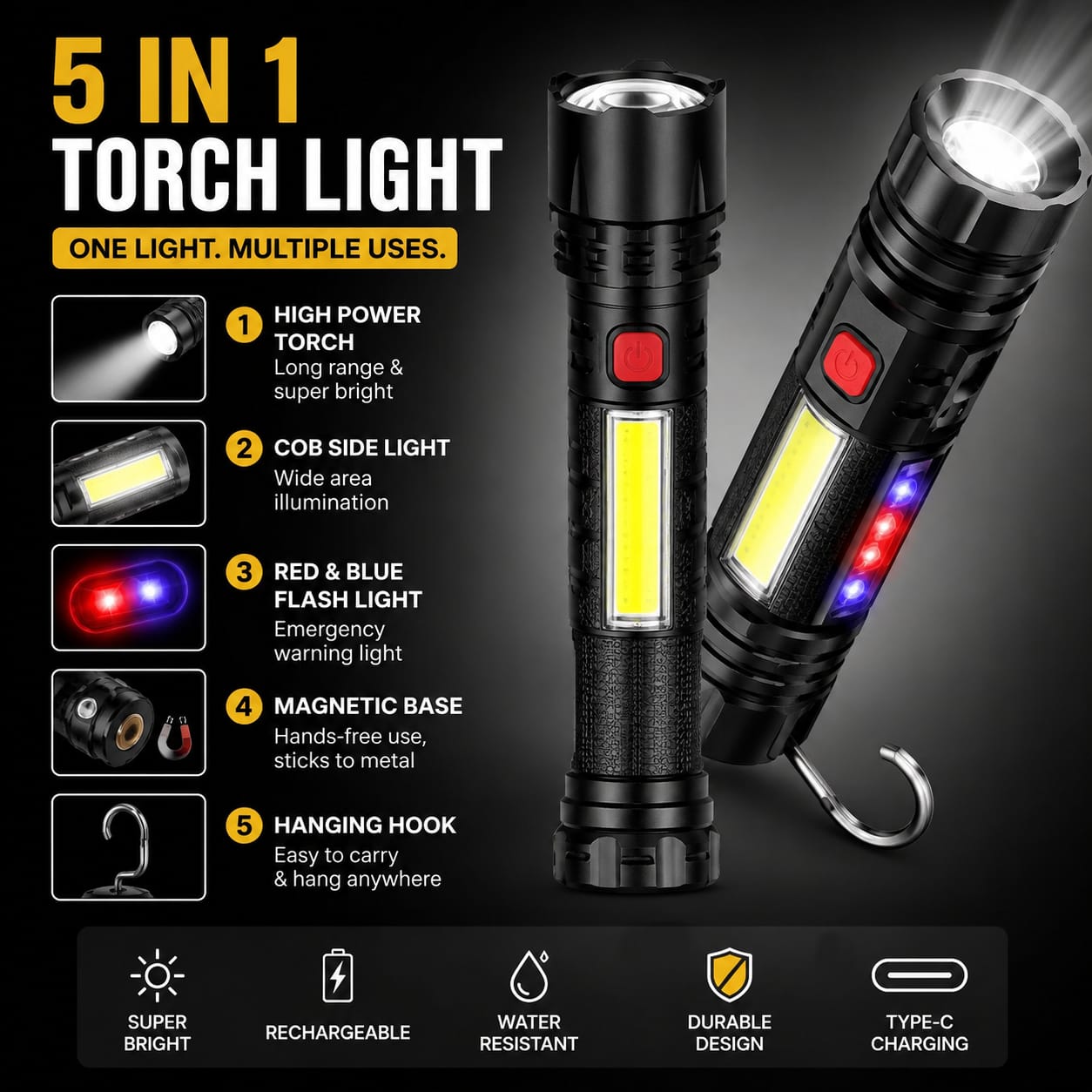 5-in-1 Portable Rechargeable LED Torch Light – Super Bright Emergency & Camping Flashlight